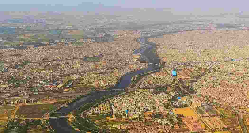 A 2016 aerial view shows the Sahibi River entering Delhi, flowing past Gurgaon in Haryana.