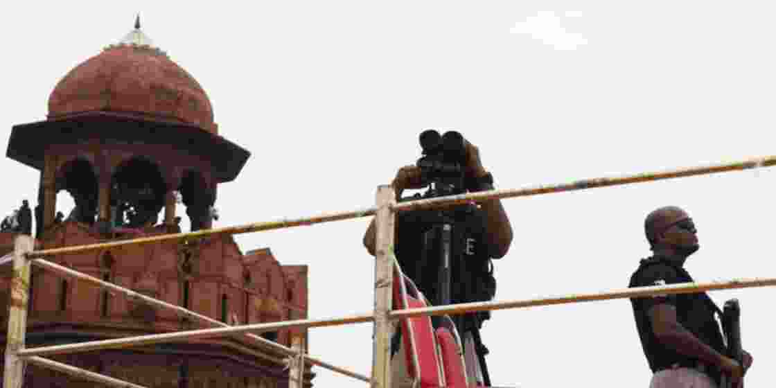 Security personnel monitor Red Fort ahead of Independence Day.