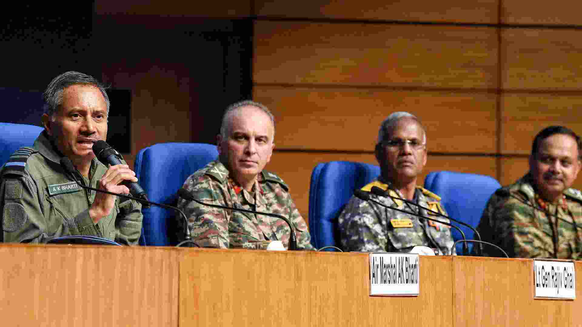 Left to Right: Air Marshal AK Bharti, Lt Gen Rajiv Ghai, Vice Admiral AN Pramod and Maj Gen SS Sharda during a press briefing on 'Operation Sindoor' in New Delhi. 