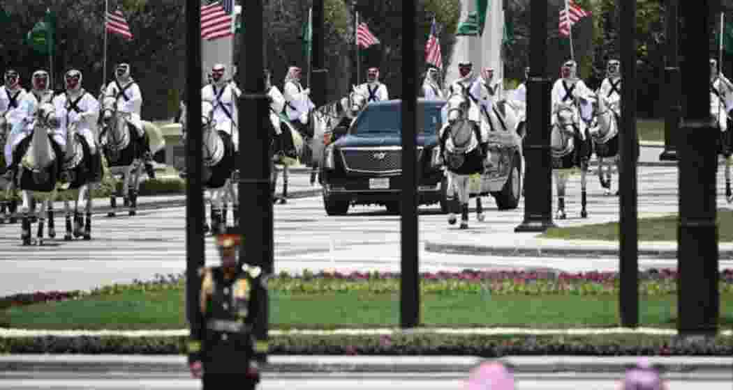 Donald Trump receives a grand royal welcome in Saudi Arabia, greeted by Crown Prince Mohammed bin Salman with golden swords, Arabian horses, and elaborate ceremonies, marking his return to the global stage.