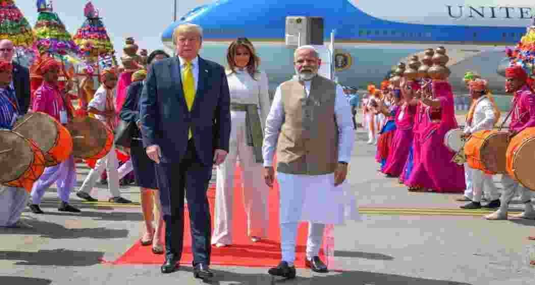 US President Donald Trump and first lady Melania Trump are received by Prime Minister Narendra Modi at Ahmedabad airport during their visit to India in 2020.