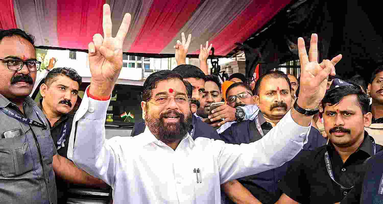 Maharashtra CM Eknath Shinde celebrates victory after the recently concluded Assembly elections in the state.