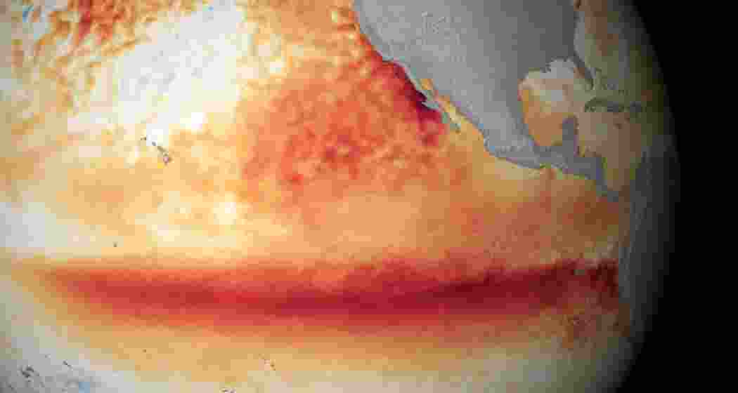 Satellite sea surface temperature changes recorded in the Pacific back during a October 2015 El Niño. Darker orange-red colors indicate above normal temperatures. Credit: NOAA