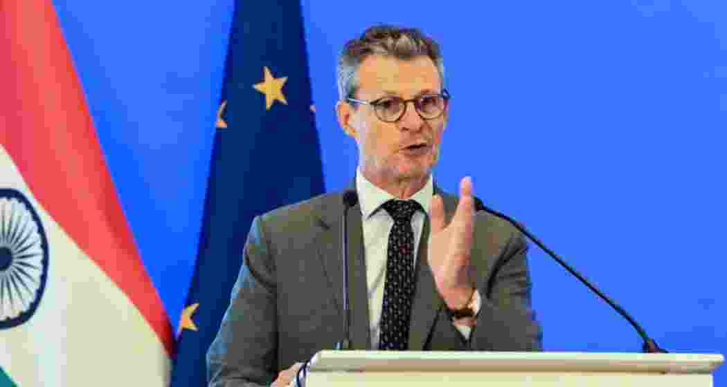EU Ambassador to India, President FEBI Hervé Delphin speaks during FEBI Members Meet Decoding Eu-India FTA, in New Delhi.