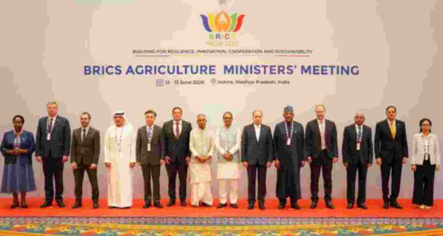 Delegates posing for a photograph at the BRICS Agriculture Ministers' Meeting in New Delhi on Friday. 