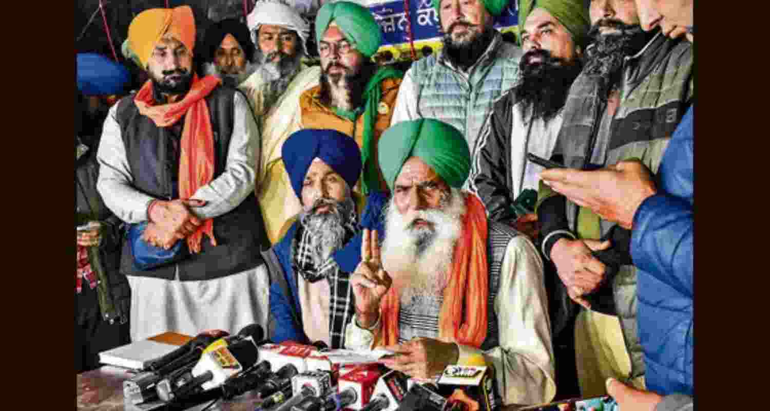 Sarwan Singh Pandher and Jagjit Singh Dallewal address the media at the Punjab-Haryana Shambhu border in Patiala district