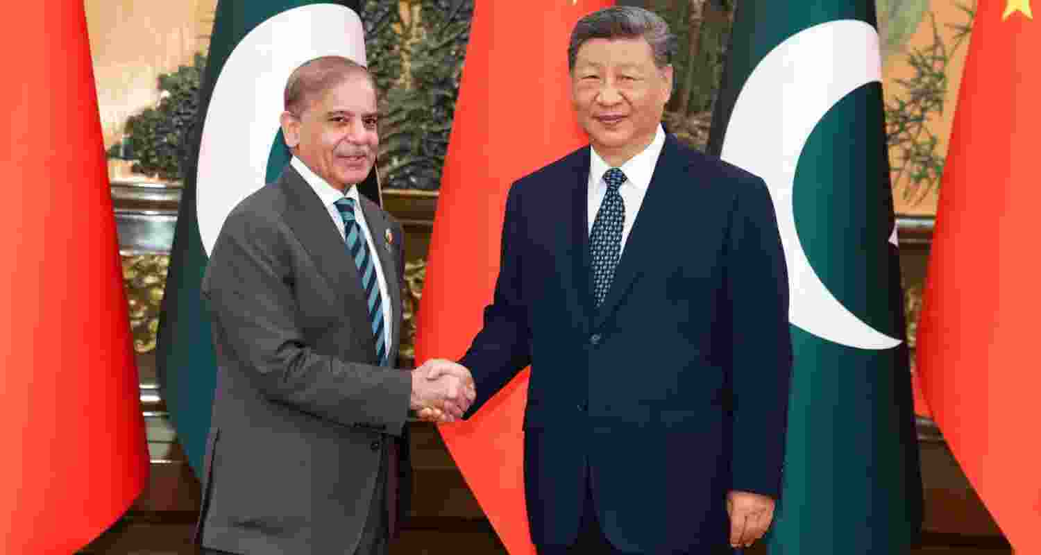 Pakistan Prime Minister Shehbaz Sharif meeting Chinese President Xi Jinping  at the Great Hall of the People in Beijing on Monday.
