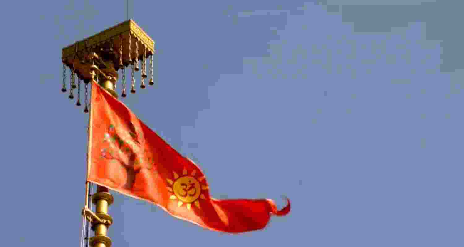 Ram Temple decked up on the eve of the flag-hoisting ceremony by Prime Minister Narendra Modi in Ayodhya, Uttar Pradesh.