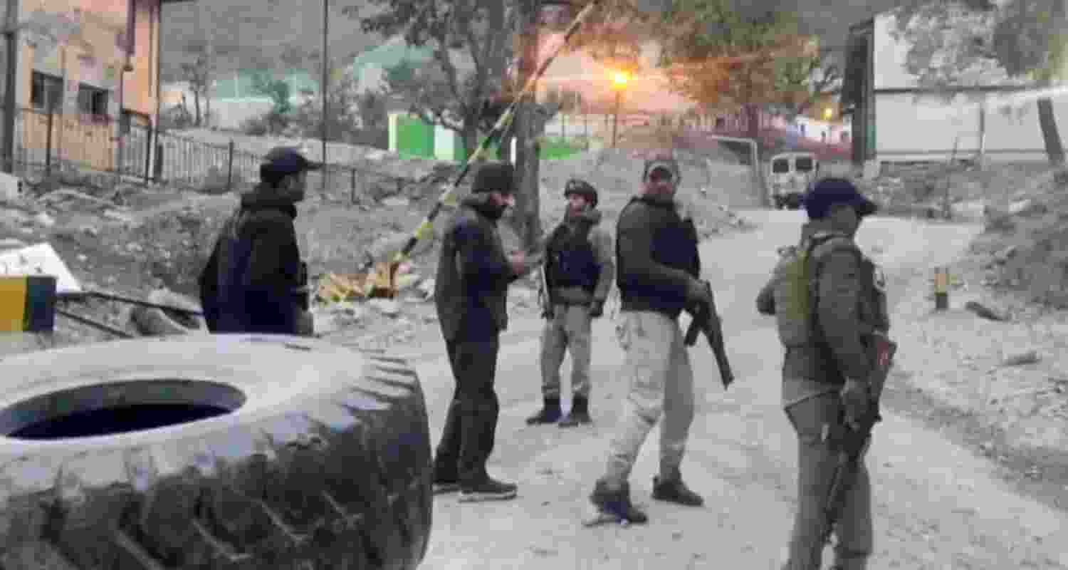 Security personnel cordon off the area after a terrorist attack, in Ganderbal district, Jammu & Kashmir, Monday, Oct. 21, 2024. A doctor and six labourers were killed in the terror attack on Sunday, according to officials. Security personnel cordon off the area after a terrorist attack, in Ganderbal district, Jammu & Kashmir, Monday, Oct. 21, 2024. A doctor and six labourers were killed in the terror attack on Sunday, according to officials.