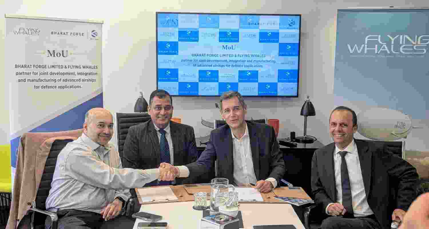 Officials of Bharat Forge Ltd and French-Canadian heavy-lift airship company Flying Whales signing the memorandum of understanding.