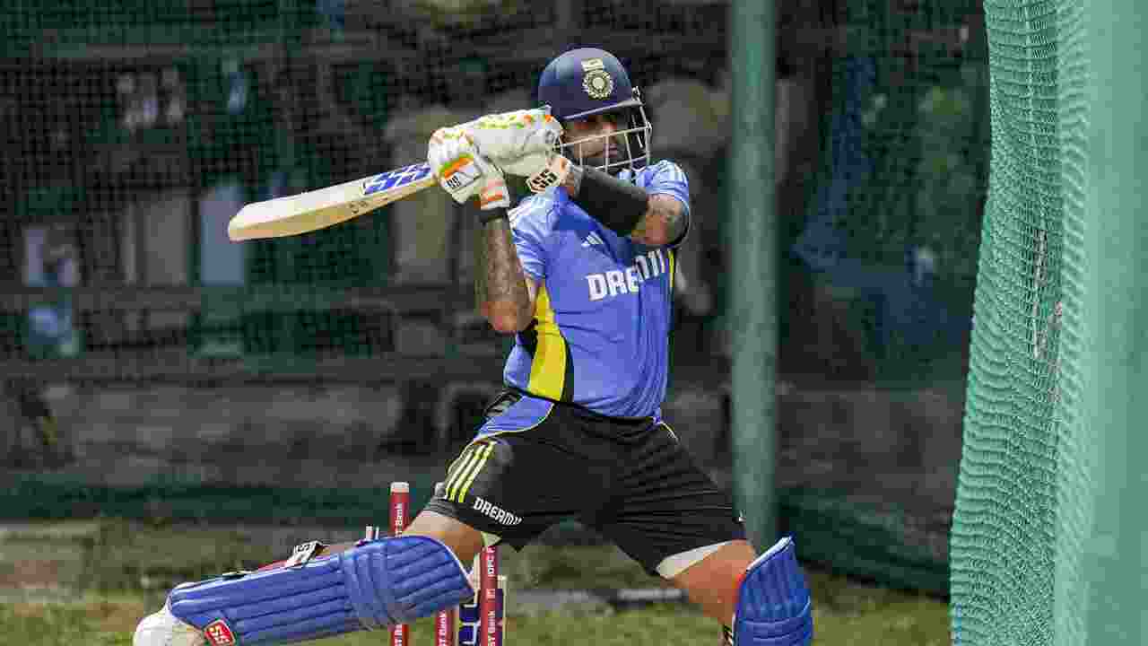 Suryakumar Yadav hit nets before his stint at the last two league matches for Mumbai in the Syed Mushtaq Ali Trophy. Image: X.