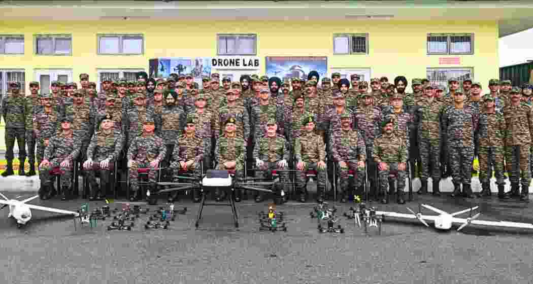 General Upendra Dwivedi with the Spear Corps drone team during operational readiness review.