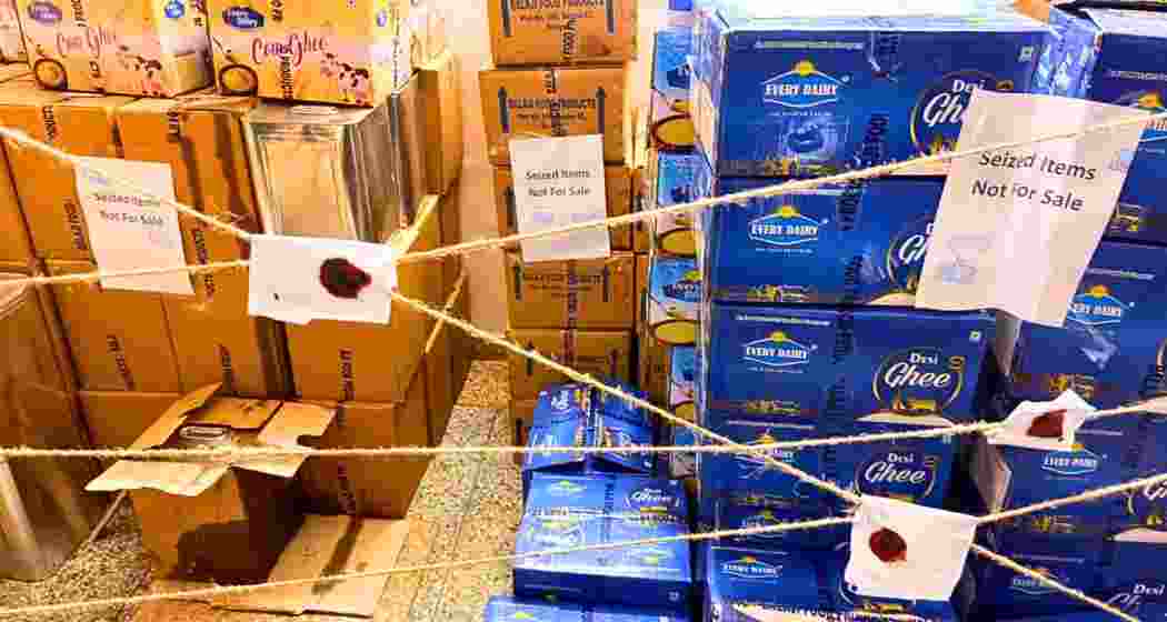 Confiscated stocks of suspected adulterated ghee and raw materials seized during coordinated enforcement operations by FSSAI in Delhi and Haryana on Thursday, as part of a crackdown on an alleged counterfeit ghee network.