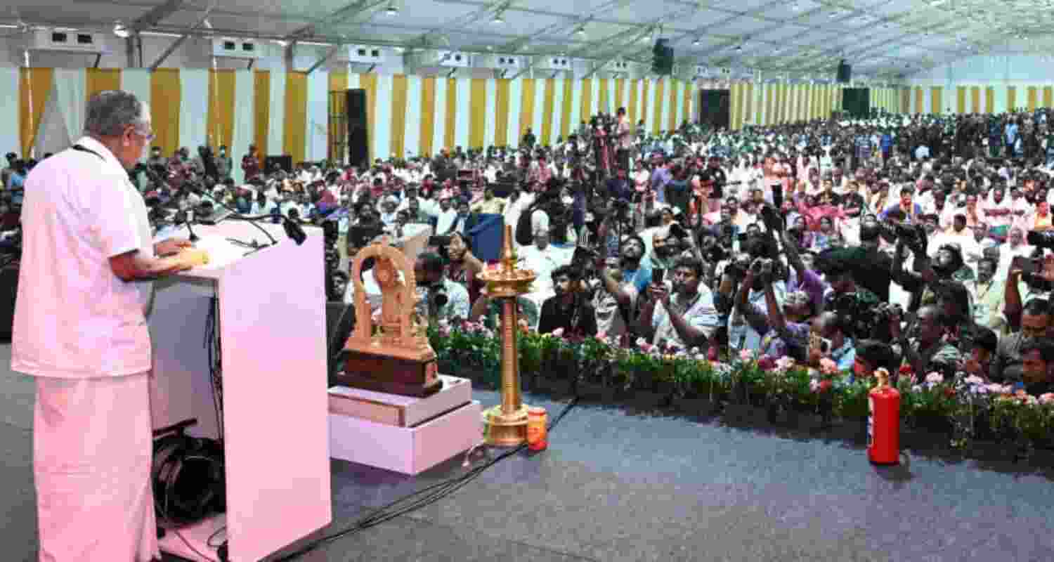 Kerala Chief Minister Pinarayi Vijayan speaks at the Global Ayyappa Sangamam at Pamba, Kerala.