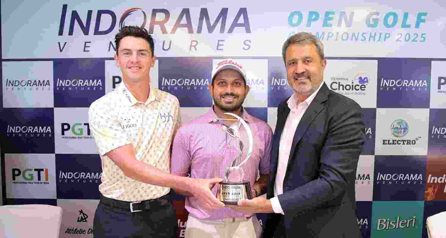 Czech professional golfer Stepan Danek, Indian professional golfer Varun Parikh and Ahmedabad PGTI CEO Amandeep Johal pose with Indorama Ventures Open Golf Championship trophy.