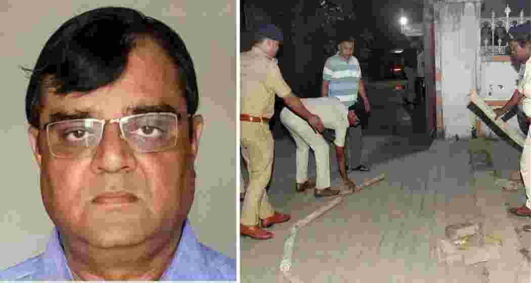 Police probe the scene outside Gopal Khemka’s home in Patna after the industrialist was shot dead. One of the accused was later caught attending the funeral with a garland.

