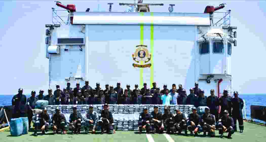 Indian Coast Guard and Gujarat ATS personnel after seizing 300kg narcotics worth ₹1,800 crore off Gujarat coast on 12–13 April, following a mid-sea chase near the IMBL.