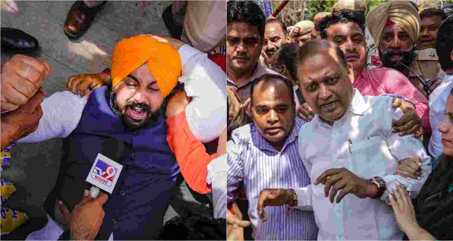 AAP leaders Harjot Singh Bains and Somnath Bharti being detained by security personnel as they protest against the arrest of Delhi CM Arvind Kejriwal on March 26, 2024. 