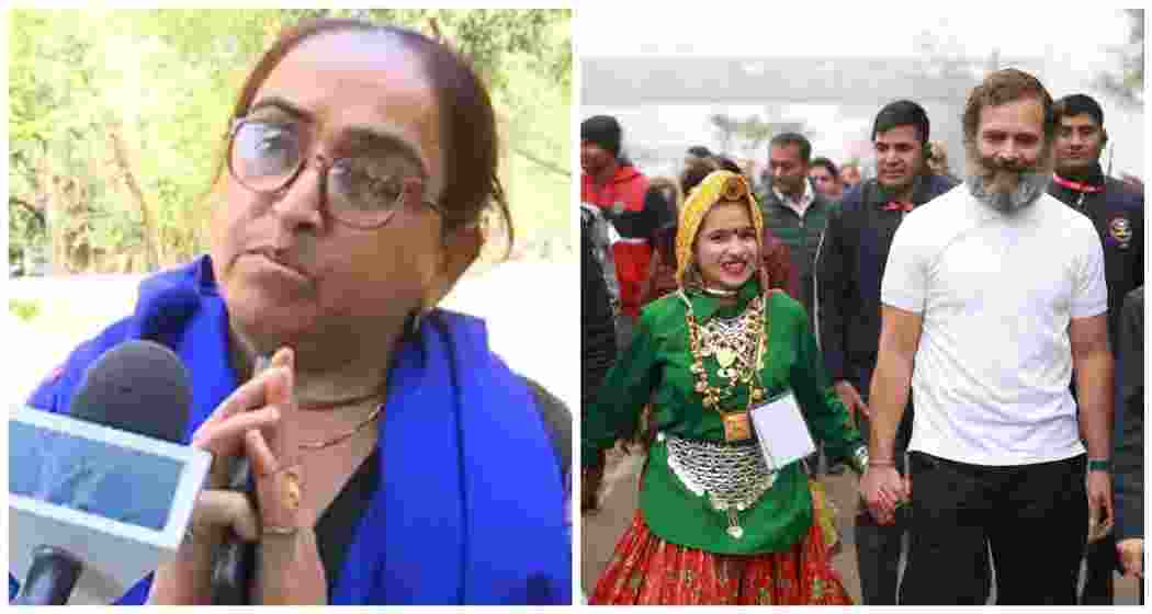 Dead Haryana Congress worker Himani Narwal's mother (L). Himani Narwal seen with Rahul Gandhi during the Bharat Jodo Nyaya Yatra (R). Dead Haryana Congress worker Himani Narwal's mother (L). Himani Narwal seen with Rahul Gandhi during the Bharat Jodo Nyaya Yatra (R).