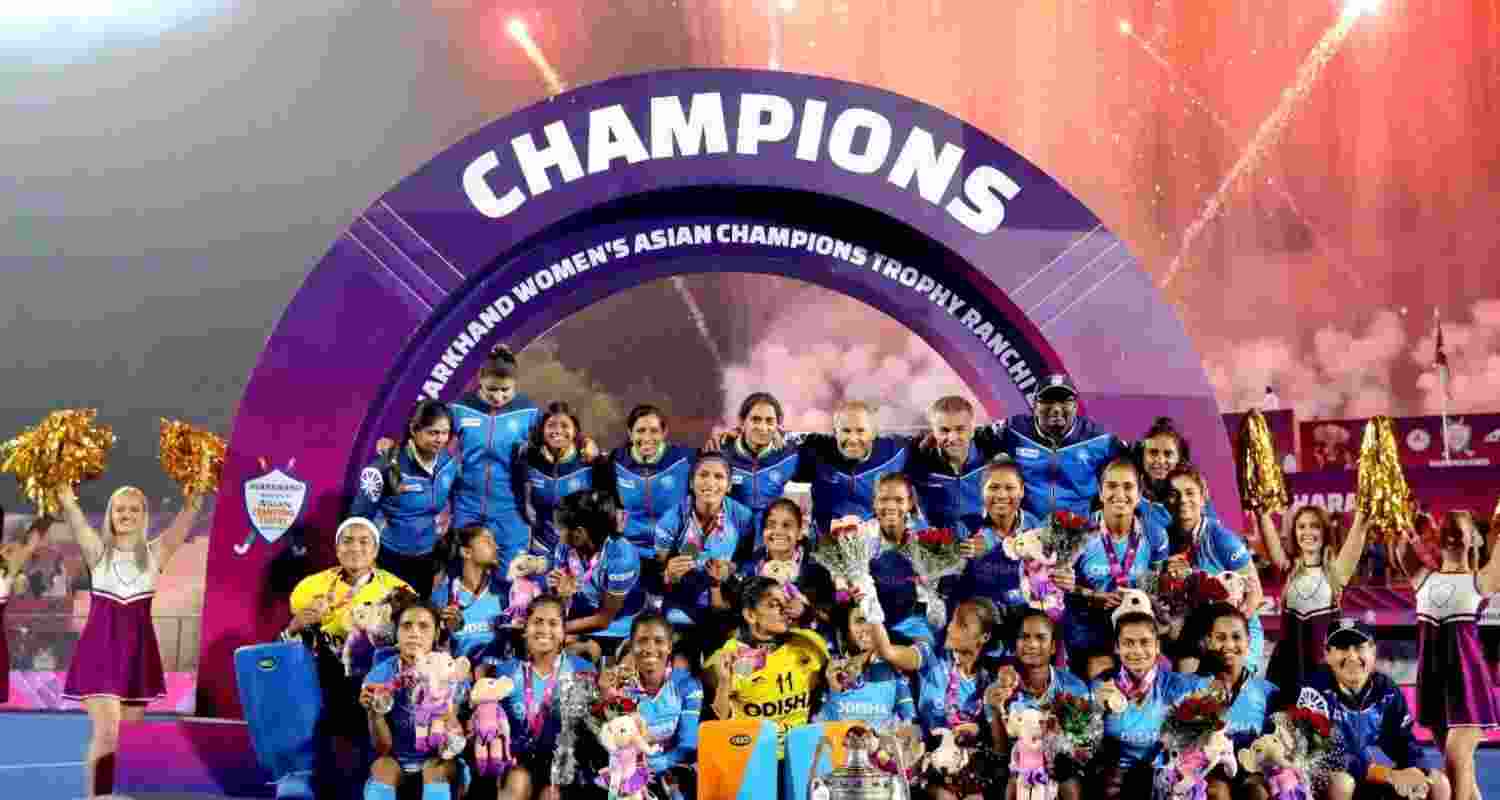 The victorious Indian team pose for a picture after the final at the Asian Women's Hockey Championship in Ranchi. The victorious Indian team pose for a picture after the final at the Asian Women's Hockey Championship in Ranchi.