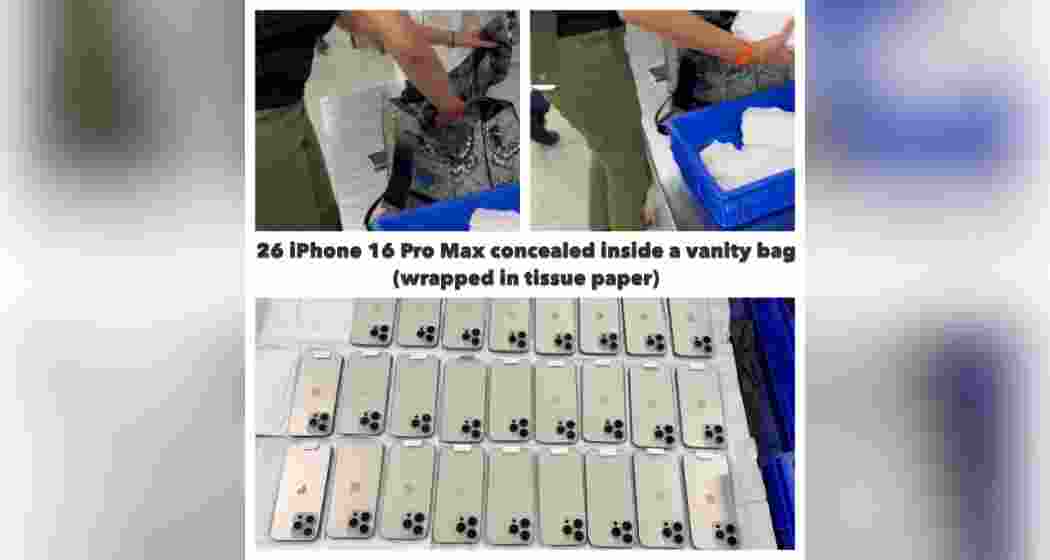 A photo released by Delhi Customs shows the 26 iPhone 16 Pro Max devices seized from a woman passenger at the international airport, concealed inside her vanity bag.