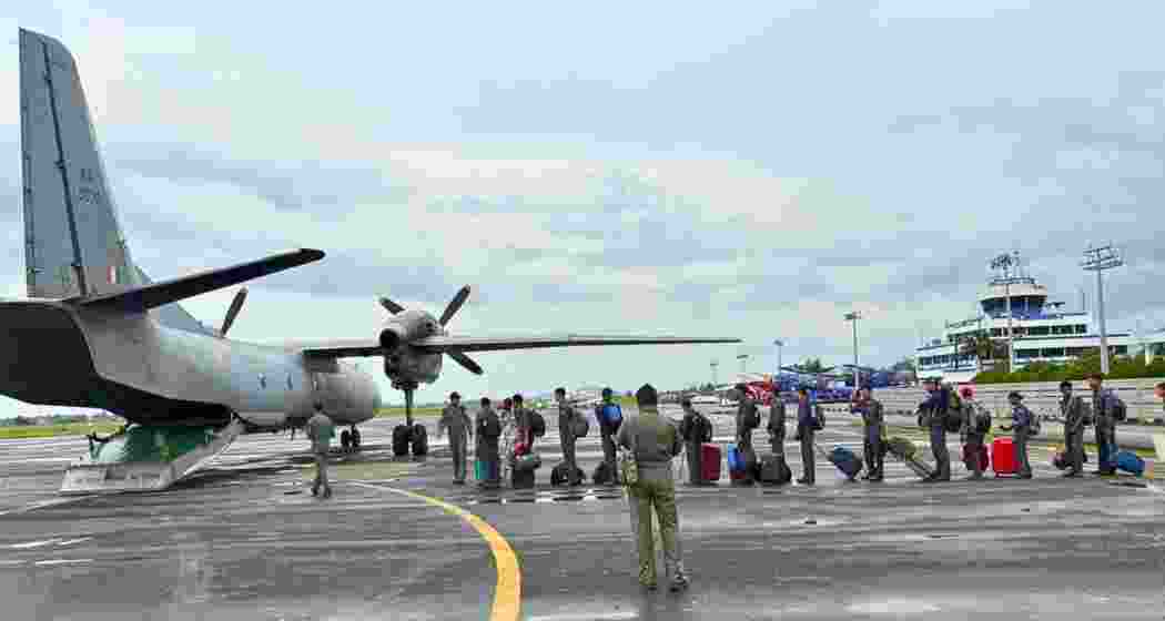 NCC cadets being evacuated from Imphal to Guwahati and Jorhat by the Indian Air Force amid security concerns in Manipur on Saturday.