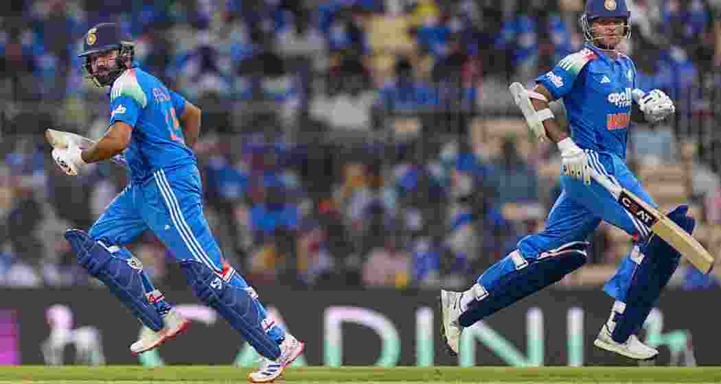  India's Yashasvi Jaiswal, right, and Rohit Sharma run between the wickets during the third ODI cricket match between India and Afghanistan, in Chennai, Tamil Nadu, on Saturday.
