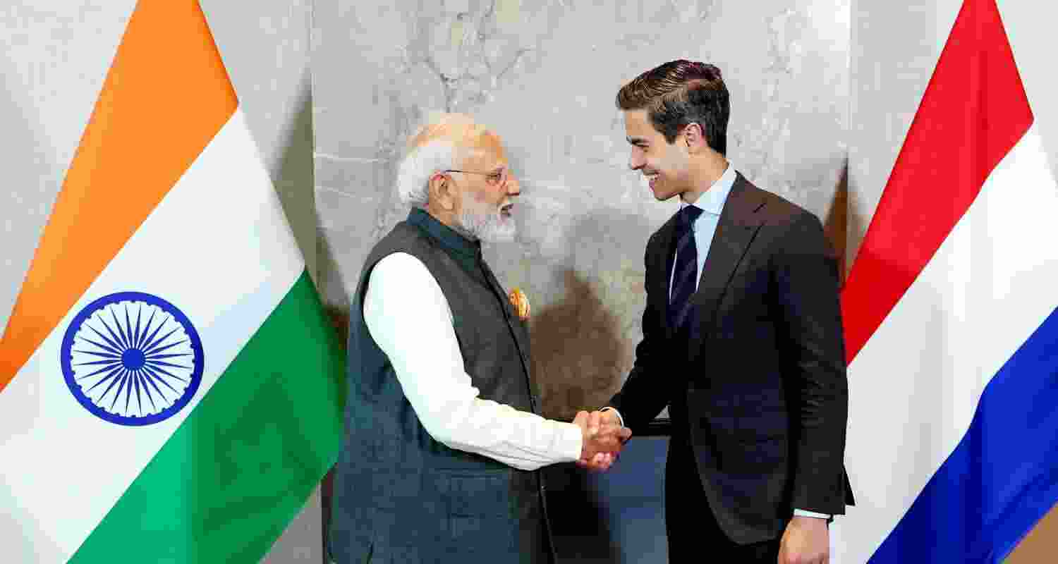 Prime Minister Narendra Modi with his Netherlands counterpart Rob Jetten during an MoU exchange ceremony after a bilateral meeting, in Netherlands. 