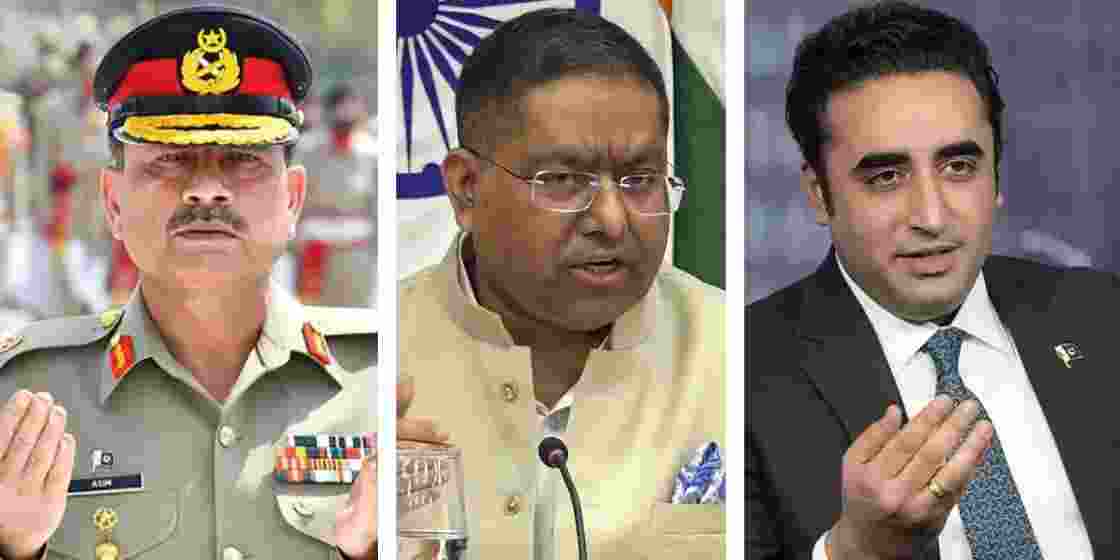 Pakistan Army Chief Gen Asim Munir, MEA Spokesperson Randhir Jaiswal, and Pakistan Foreign Minister Bilawal Bhutto. (File photo) Pakistan Army Chief Gen Asim Munir, MEA Spokesperson Randhir Jaiswal, and Pakistan Foreign Minister Bilawal Bhutto. (File photo)