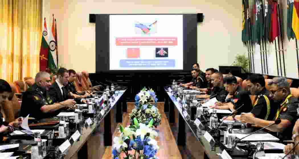 Indian and Russian military officials during the 5th Sub Working Group (Land) meeting in New Delhi, where both sides discussed strengthening defence cooperation and operational synergy between the two armies.
