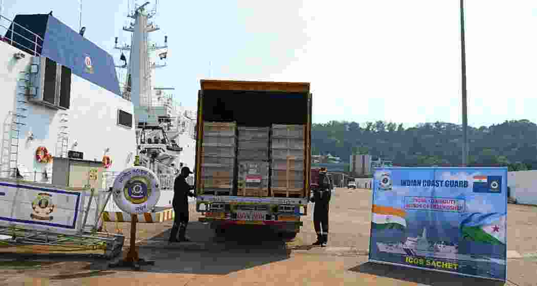 The consignment being loaded onto Indian Coast Guard Ship Sachet as it prepares to set sail for Sudan, carrying over two tonnes of life-saving medicines, including anti-cancer drugs, as part of India's humanitarian mission.







