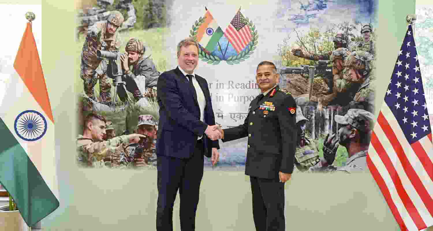 Chief of Army Staff General Upendra Dwivedi, right, meets US Secretary of the Army Daniel P Driscoll, in New Delhi. Chief of Army Staff General Upendra Dwivedi, right, meets US Secretary of the Army Daniel P Driscoll, in New Delhi.