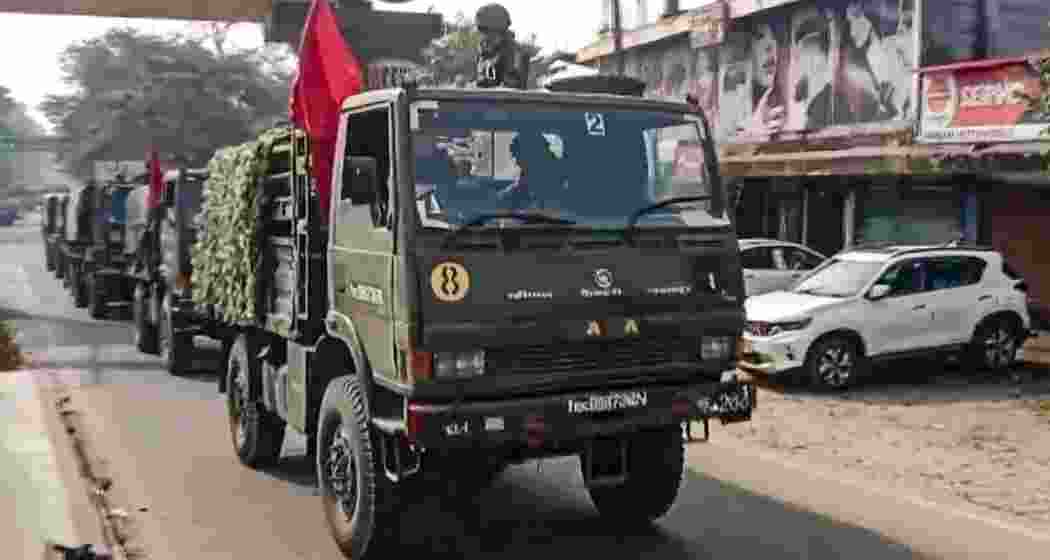  Indian Army personnel during a flag march through sensitive areas to maintain law and order following recent communal clashes that allegedly claimed two lives, in Kokrajhar, Assam on Wednesday, Jan. 21, 2026. 