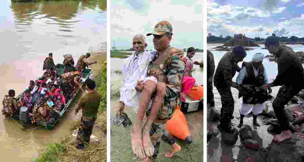 Army personnel carry out rescue operations for flood-affected villagers across multiple regions in India, providing relief and support amid severe monsoon inundation. Army personnel carry out rescue operations for flood-affected villagers across multiple regions in India, providing relief and support amid severe monsoon inundation.