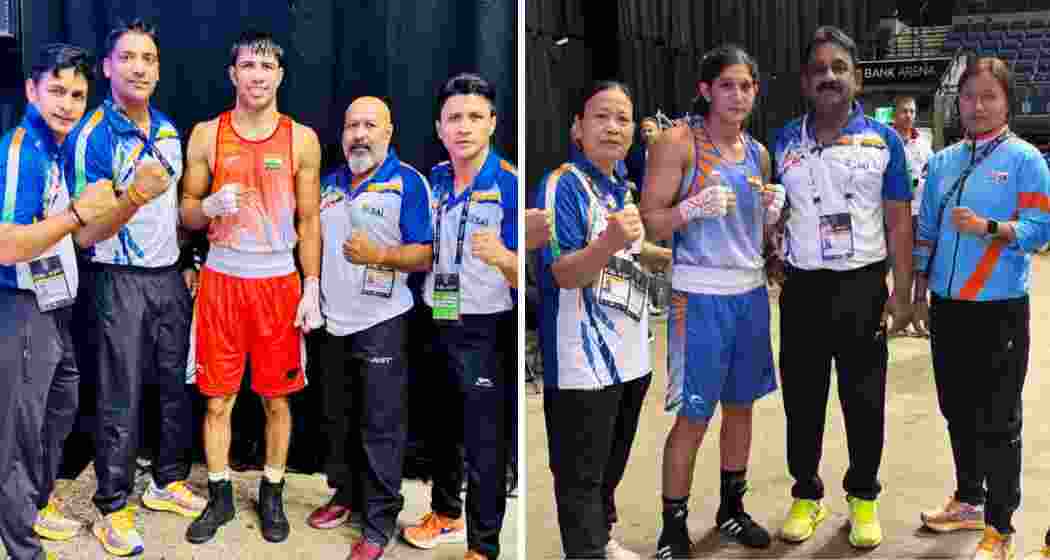 Indian boxers Sumit Kundu (left) and Neeraj Phogat (right) celebrate their victories. Indian boxers Sumit Kundu (left) and Neeraj Phogat (right) celebrate their victories.