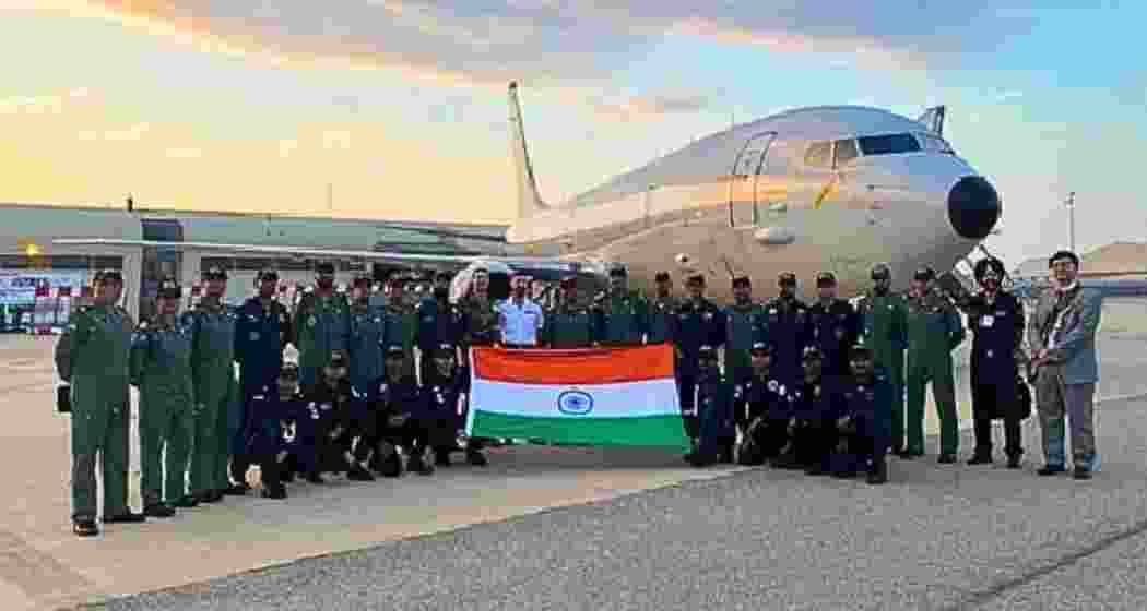 Indian Navy personnel pose with the P-8I aircraft at Air Base 125 Istres-Le Tube, France, marking the aircraft's first-ever deployment in Europe for the 22nd edition of 'Exercise Varuna'.