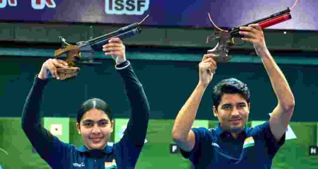 Suruchi Inder Singh and Saurabh Chaudhary celebrate after winning the 10m air pistol mixed team gold medal at the ISSF World Cup in Lima. (Image: ISSF Official via X)