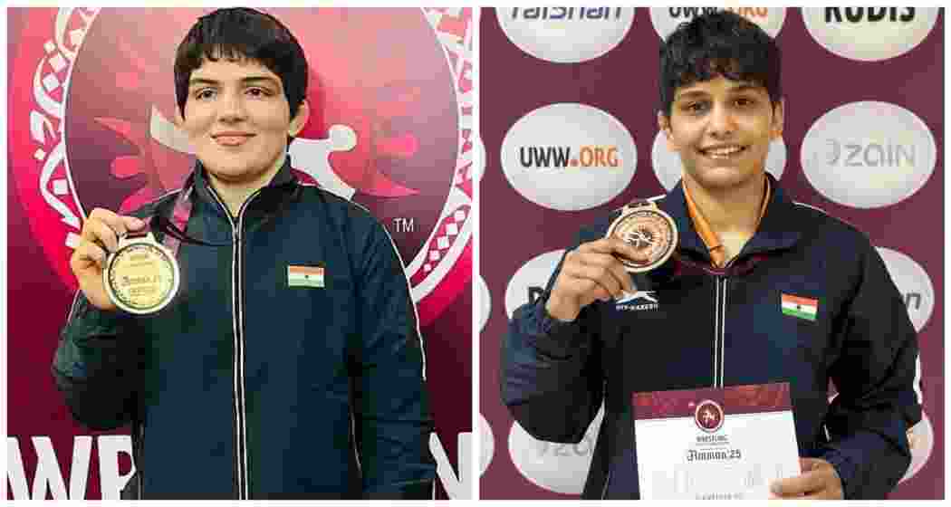 India’s Manisha Bhanwala and Antim Panghal pose with their medals after securing gold and bronze, respectively, in their categories at the Asian Wrestling Championships 2025 in Amman, Jordan.
