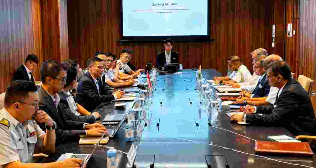 The Indian delegation led by Defence Secretary Rajesh Kumar Singh and the Singapore delegation led by Singapore Permanent Secretary (Defence) Joseph Leong during the 16th India-Singapore Defence Policy Dialogue in Singapore on Thursday.