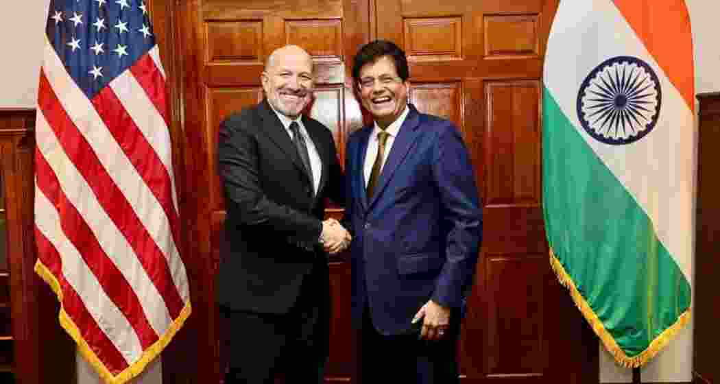 Minister of Commerce and Industry of India Goyal with US Commerce Secretary Howard Lutnick (L). 