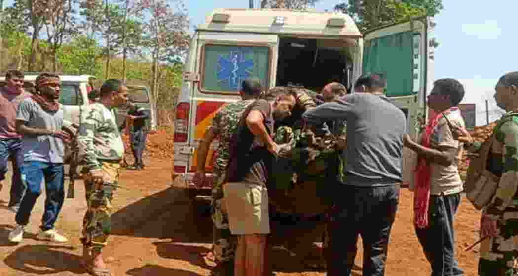 Security personnel being evacuated to an ambulance after an attack during an anti-Naxal operation in Bastar; three DRG members were killed and one injured in an IED blast in Kanker district. 