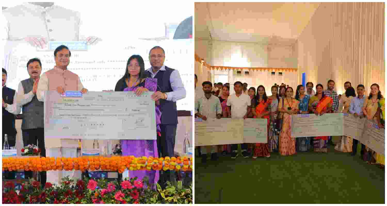 Assam Chief Minister Himanta Biswa Sarma disbursing the first instalment of financial aid to one of the 25,000 young entrepreneurs under the Atmanirbhar Asom Abhijan initiative, aiming to foster self-reliance and boost local businesses.