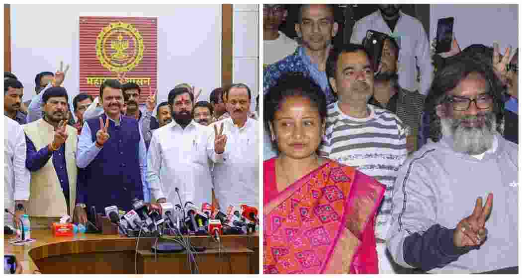 Leaders of BJP-led Mahayuti Alliance celebrate their victory in the Maharashtra Assembly polls (L). Jharkhand Chief Minister Hemant Soren with his wife and JMM leader Kalpana Soren (R) on November 23, 2024.