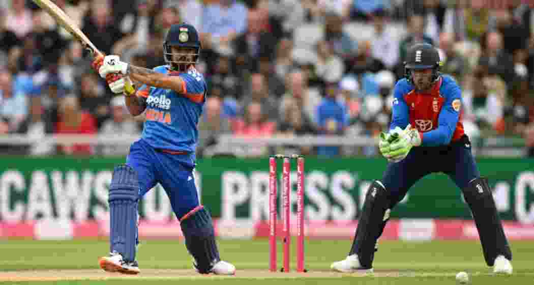 Ishan Kishan plays a shot during the second T20 International against England at Old Trafford in Manchester on Saturday.