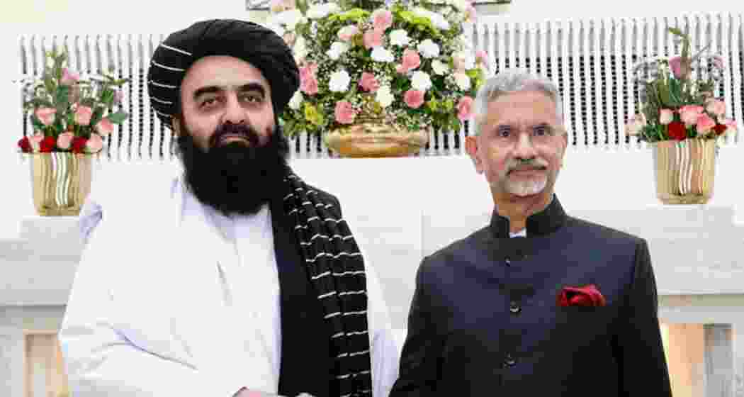 External Affairs Minister S. Jaishankar with Afghan Foreign Minister Amir Khan Muttaqi (L) in New Delhi.
