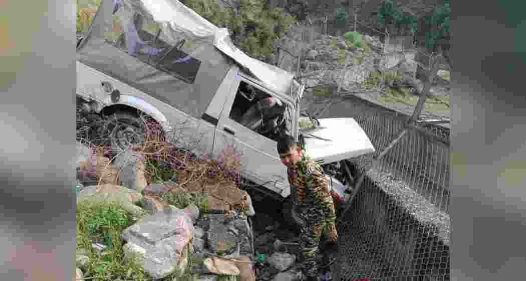 An official at the accident site where eight policemen sustained injuries after their Gypsy overturned near the Twin Bridge in the Uri area of North Kashmir’s Baramulla district on Friday.