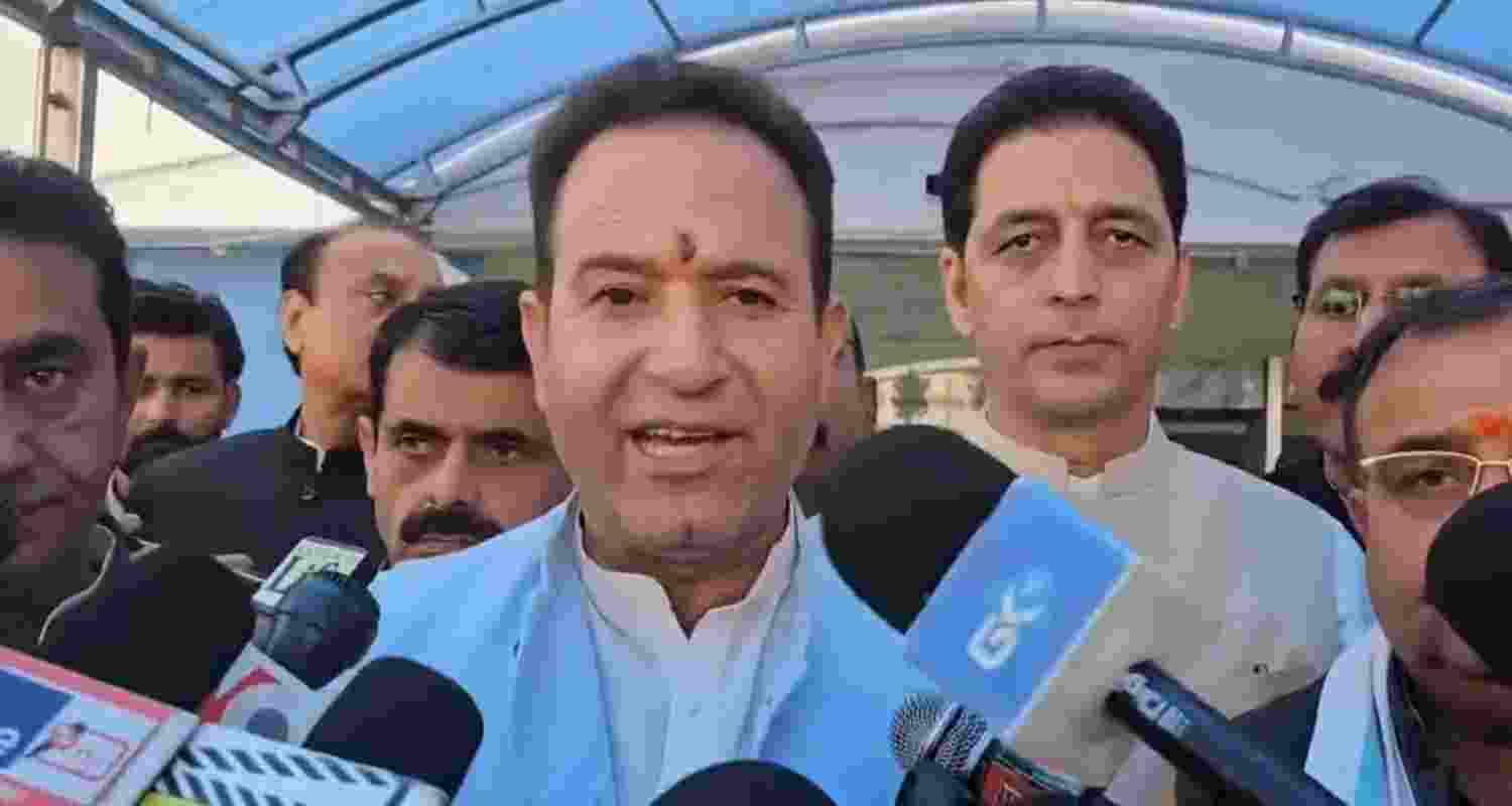 JK BJP MLA and Leader of Opposition Sunil Sharma addressing reporters.