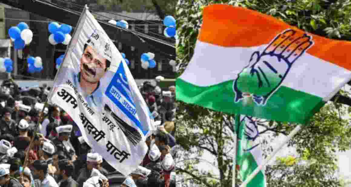 Flags of the Aam Aadmi Party and Congress. 