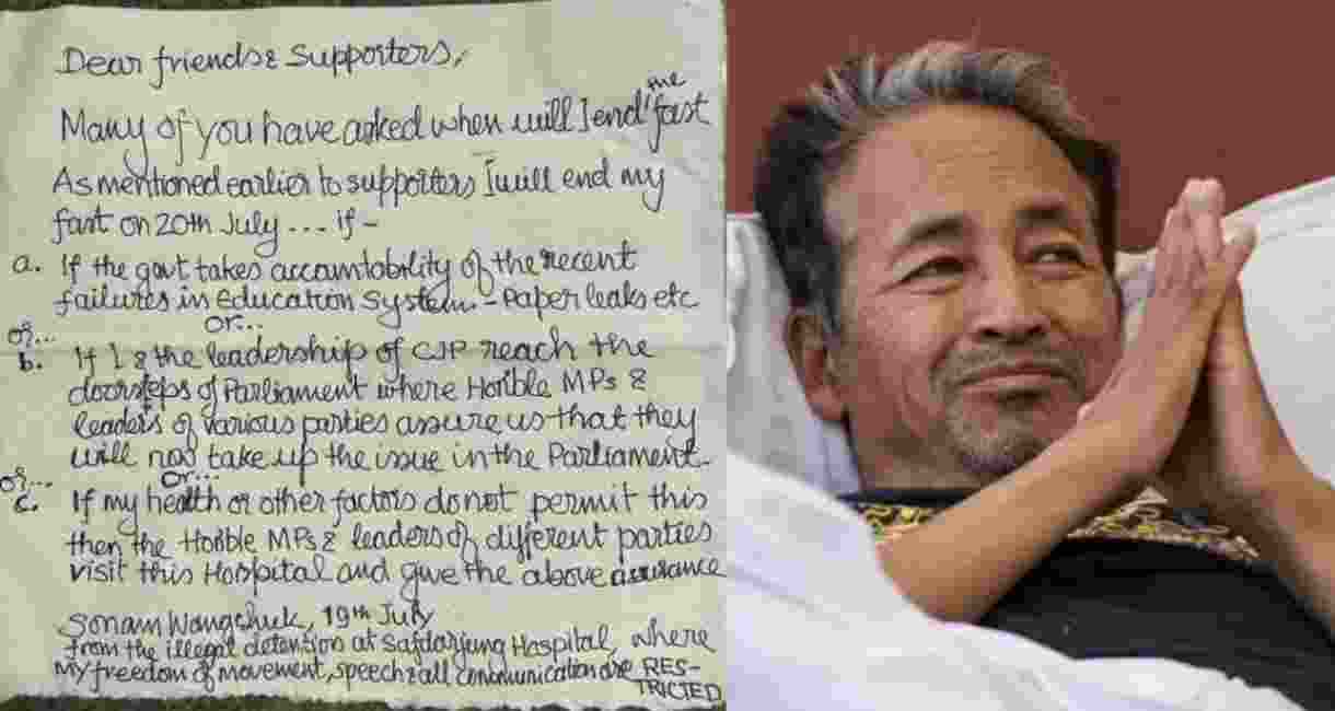 In the statement, Wangchuk referred to his confinement at Safdarjung Hospital, New Delhi as an "illegal detention," where his rights to movement, expression, and communication are severely curtailed. He was forcibly brought to the hospital by Delhi Police on July 18, his 21st day on indefinite hunger strike.
