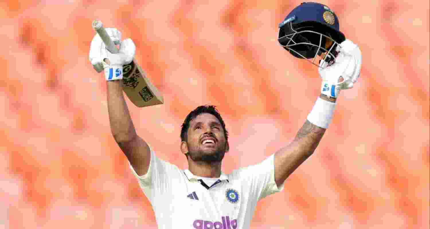  Dhruv Jurel (125 off 210 balls) celebrating his maiden century.